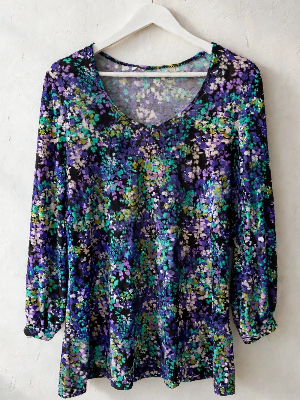 Floral Long Sleeve Tunic Dress Black Purple Ditsy Micro Floral Top Size M/L